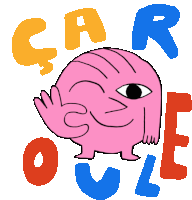 a cartoon drawing of a pink monster surrounded by the letters car and owl