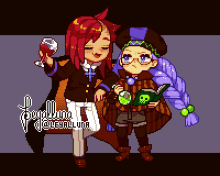 a pixel art drawing of a girl holding a glass of wine and another girl holding a book with a skull on it