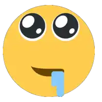 a yellow smiley face with black eyes and a blue tongue sticking out