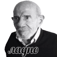 a bald man with a beard is wearing a black sweater that says " lagno " on it