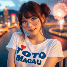 a girl wearing glasses and a white toto macau shirt