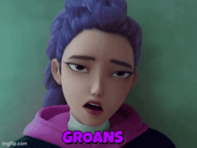 a girl with purple hair says groans in a purple hoodie