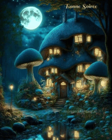 a painting of a house surrounded by mushrooms with the words bonne soiree below it