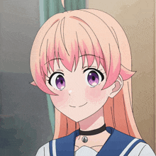 a girl with pink hair and purple eyes wearing a choker