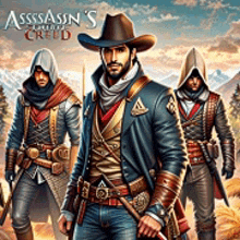 a man wearing a cowboy hat is standing next to two other men in assassin 's creed .