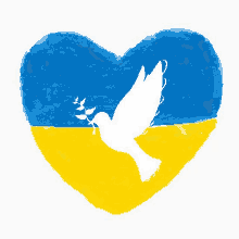 a blue and yellow heart with a white bird holding an olive branch