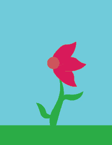 a pink flower with a yellow center and green stem against a blue sky