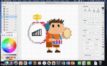 a computer screen shows a pixel art drawing of a boy holding a drum