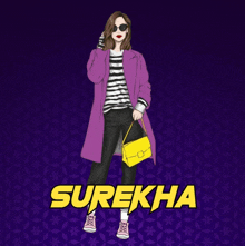 a woman in a purple coat holds a yellow purse and the name surekha is on the bottom