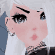 a close up of a girl 's face with white hair and a necklace .