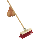 a broom with a wooden handle and a red bristle is being used to clean eggs .