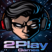 a logo for 2play games shows a man wearing headphones and a mask