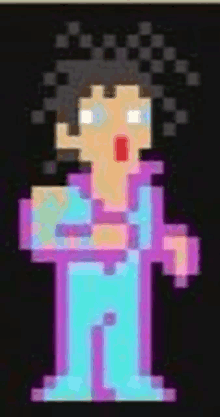 a pixel art of a woman in a purple and blue outfit .