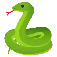 a green snake with a red tongue and black eyes