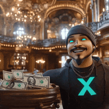 a man wearing a black shirt with the letter x on it holds a bowl of money