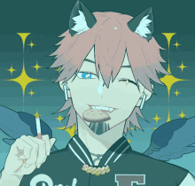 a drawing of a boy with a cat ear holding a cigarette and a cookie