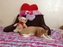 a cat laying on a bed with stuffed animals and a pillow that says " hug me "