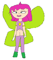 a cartoon girl with pink hair and green wings