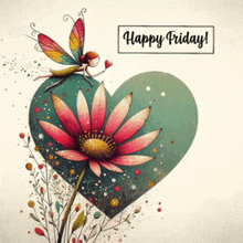 a card that says happy friday with a flower and a fairy on a heart