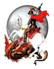 a knight is riding on the back of a white horse and fighting a dragon .