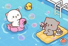 a cartoon of two cats playing in a pool with bubbles