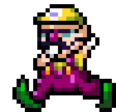 a pixel art of a man in purple pants and a yellow hat