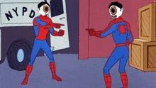 two spidermans are pointing at each other in a cartoon .