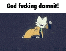 a cartoon cat is laying on the ground with the words `` god fucking dammit '' written on it .