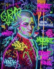 a neon painting of mozart surrounded by neon graffiti
