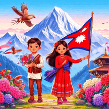 a boy and a girl holding flowers and a flag