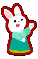 a cartoon rabbit with a red ear and a blue dress