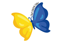 a blue and yellow butterfly with the words " the lucky few " written below it