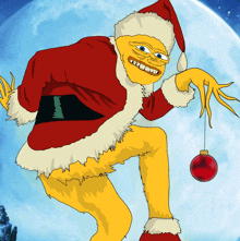 a cartoon of a monster dressed as santa claus holding a red ornament