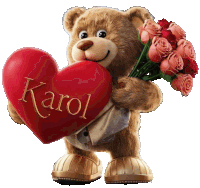 a teddy bear is holding a heart that says karol on it