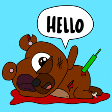 a cartoon drawing of a teddy bear with a speech bubble that says hello