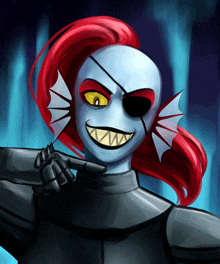 a drawing of a fish with red hair and sharp teeth