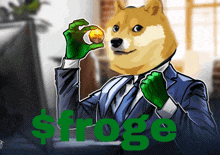 a doge wearing a suit and green gloves holds a gold coin