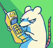 a cartoon drawing of a rat holding a cell phone with the number 3 on it