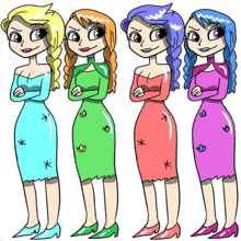 a cartoon drawing of four girls in different dresses