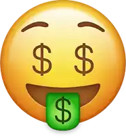 a smiley face with a green dollar sign sticking out of its tongue