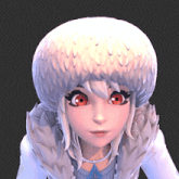 a girl with white hair and red eyes is wearing a white fur coat