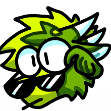 a cartoon drawing of a green monster with yellow hair and white eyes