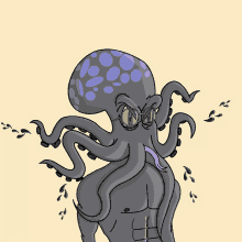 a cartoon octopus with glasses and a purple tail