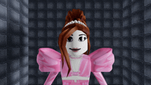 a cartoon character wearing a pink dress with pearls on her head