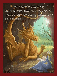 a poster of a woman reading a book next to a dragon