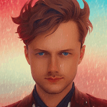 a painting of a man with blue eyes and a red jacket