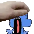 a hand is holding a cartoon character 's head with a surprised look on his face .