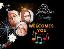 a poster for the jukebox family welcomes you with fireworks and music notes