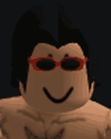 a close up of a roblox character wearing red sunglasses and smiling