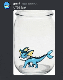 a screenshot of a pokemon in a jar with the words " utds leak " at the top